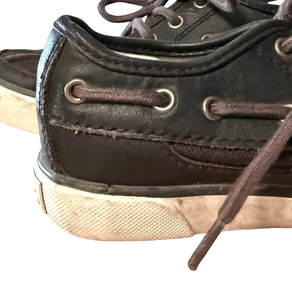 Polo Ralph Lauren Boys Leather & Canvas Dark Brown Boat Shoes Preppy Lace Up 9.5